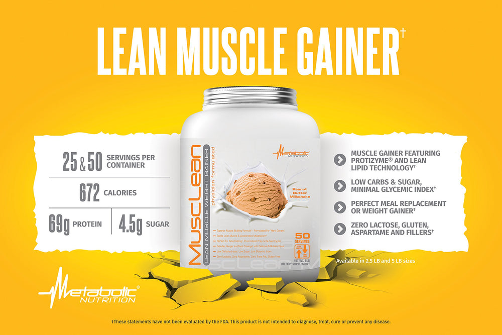 Metabolic Nutrition Musclean powder container highlighting enzymatically whey protein