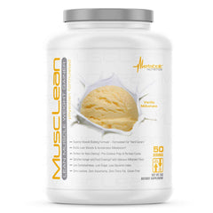 Metabolic Nutrition Musclean vanilla milkshake in glass, high-protein keto drink for workouts.