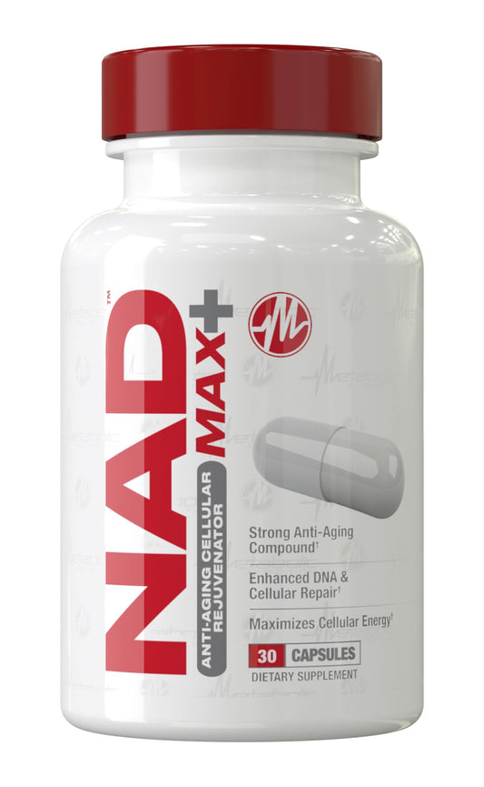 Metabolic Nutrition NAD MAX Plus+ bottle front promotes daily cellular energy support