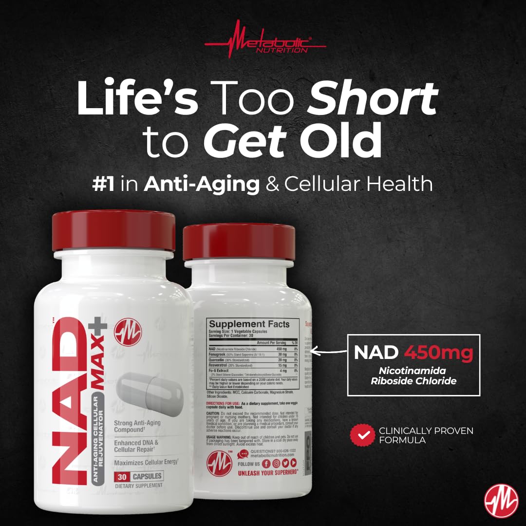 Metabolic Nutrition NAD MAX Plus+ label close-up shows NR-based formula