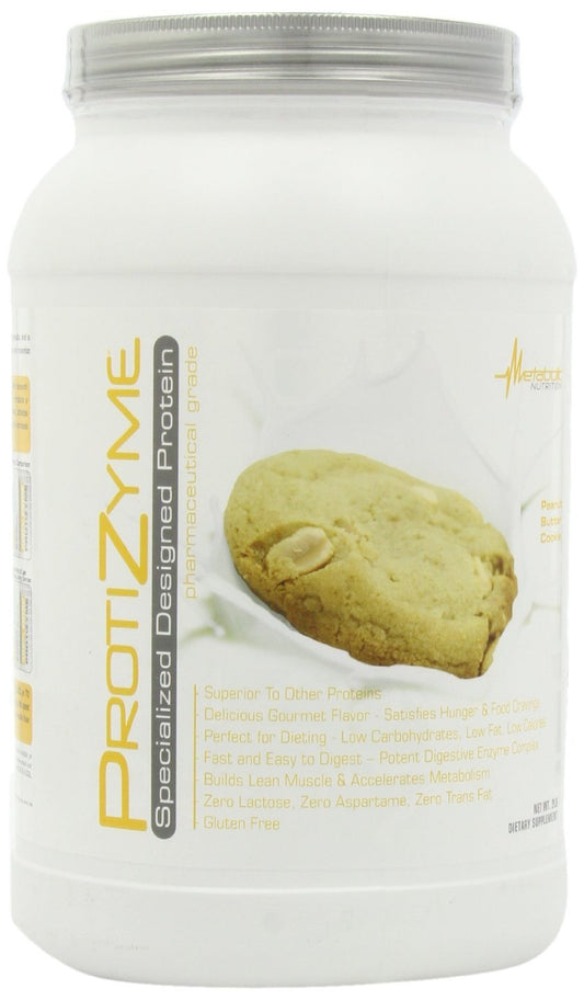 Metabolic Nutrition ProtiZyme protein powder in a tub for dieting support