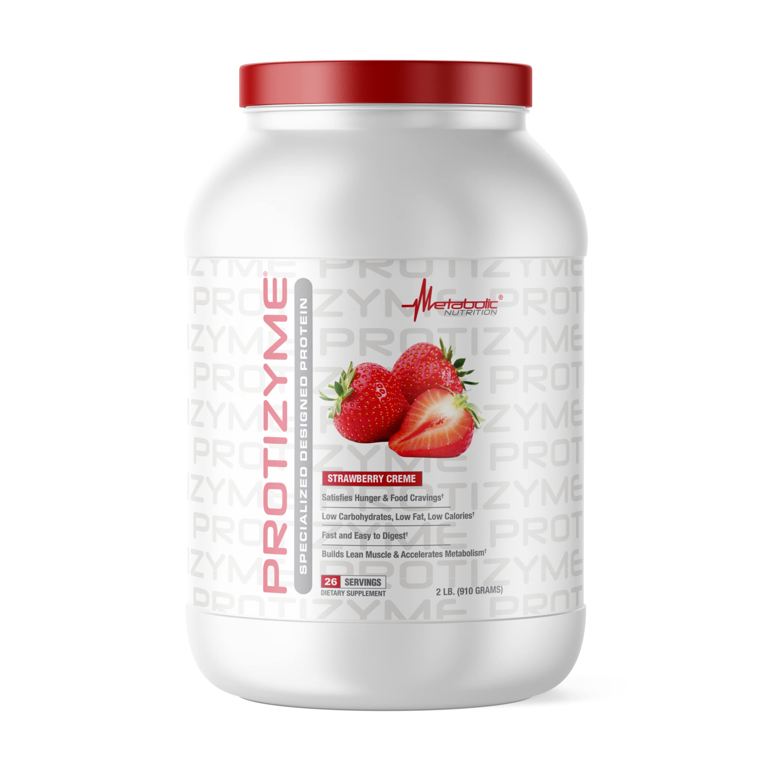 Metabolic Nutrition Protizyme Strawberry Creme bottle shows high-protein powder for muscle support.