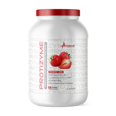 Metabolic Nutrition Protizyme Strawberry Creme bottle shows high-protein powder for muscle support.