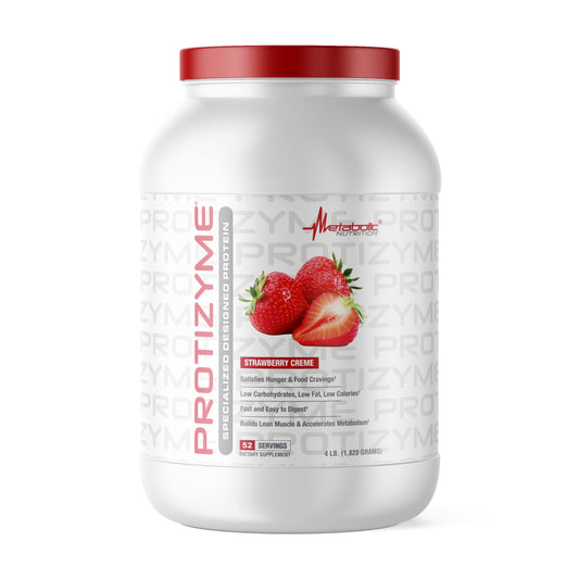 Metabolic Nutrition Protizyme tub front highlighting premium whey protein