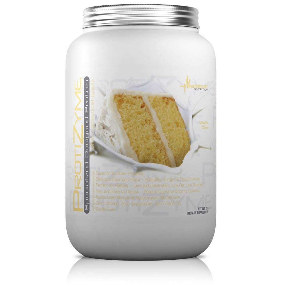 Metabolic Nutrition Protizyme vanilla cake shake in glass, high-protein beverage