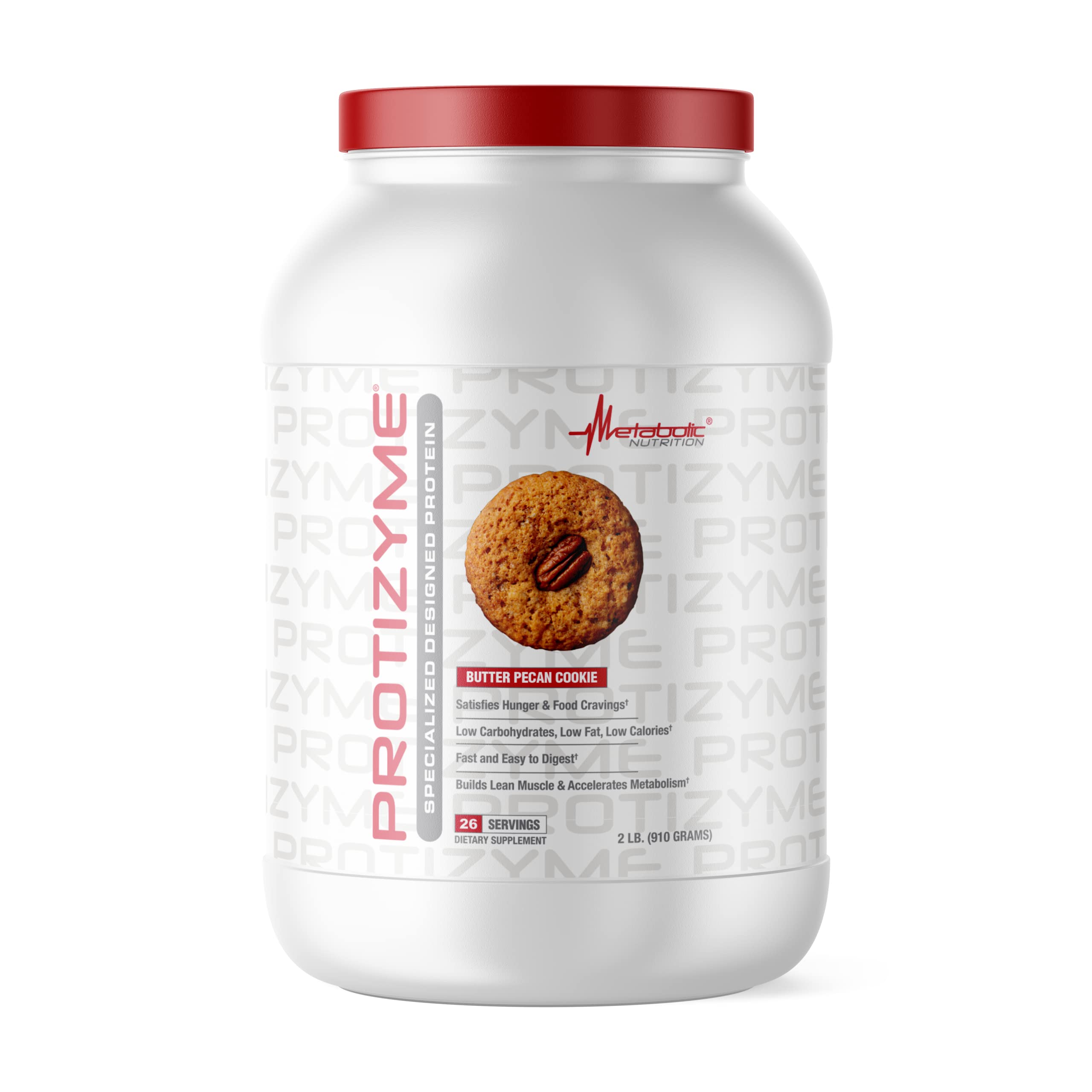 Metabolic Nutrition Protizyme whey protein bottle highlights protein-rich fueling for workouts