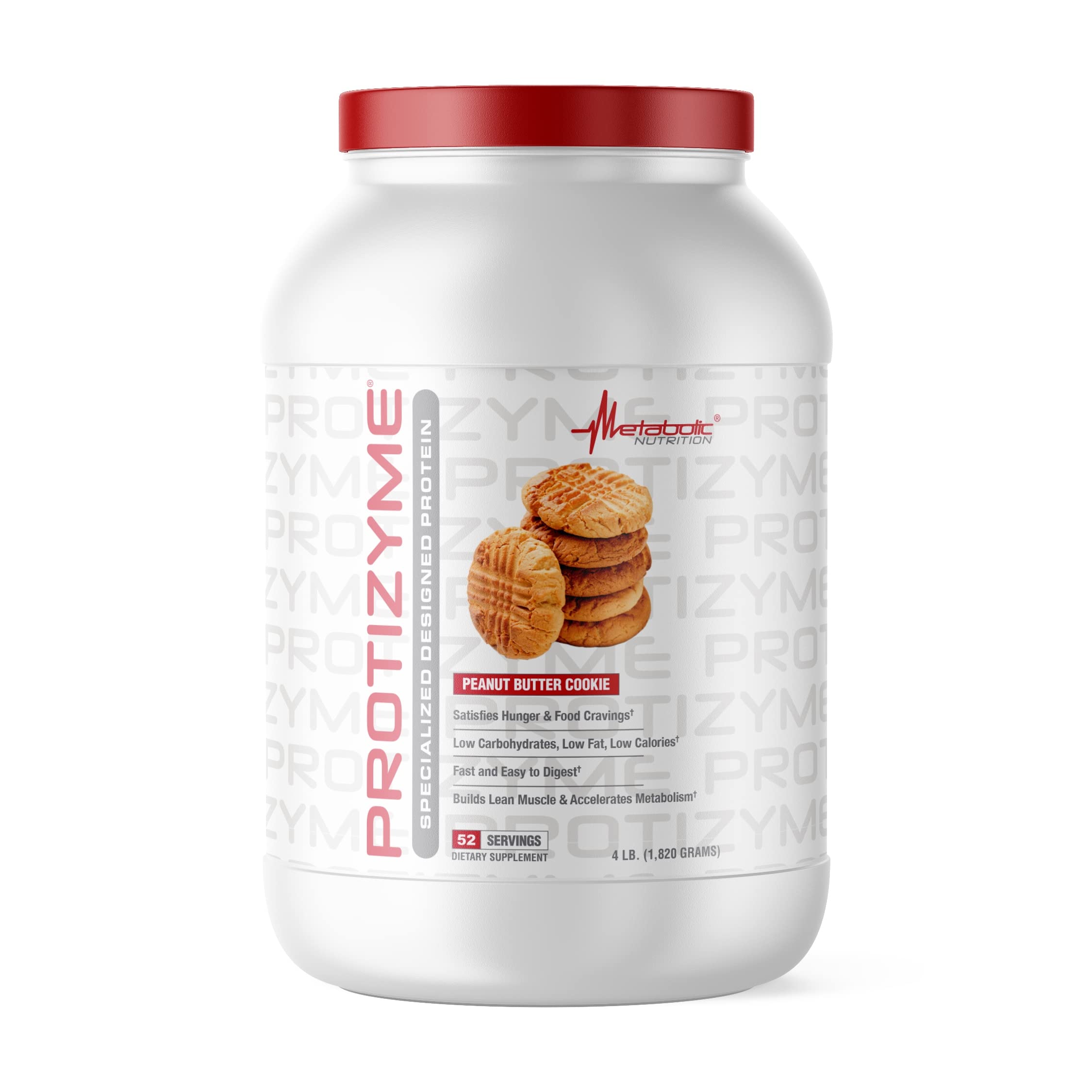 Metabolic Nutrition Protizyme whey protein powder tub highlighting high protein per scoop.