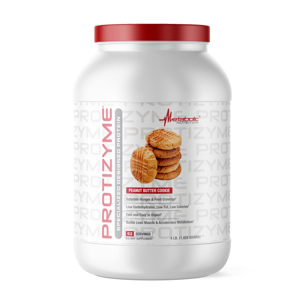 Metabolic Nutrition Protizyme whey protein powder tub highlighting high protein per scoop.