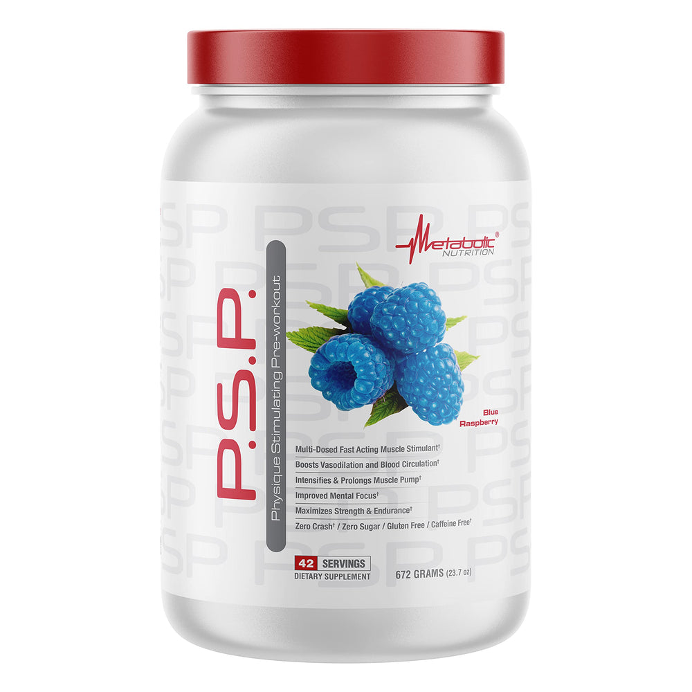 Metabolic Nutrition PSP bottle blue raspberry close-up highlighting flavor notes for preworkout sips