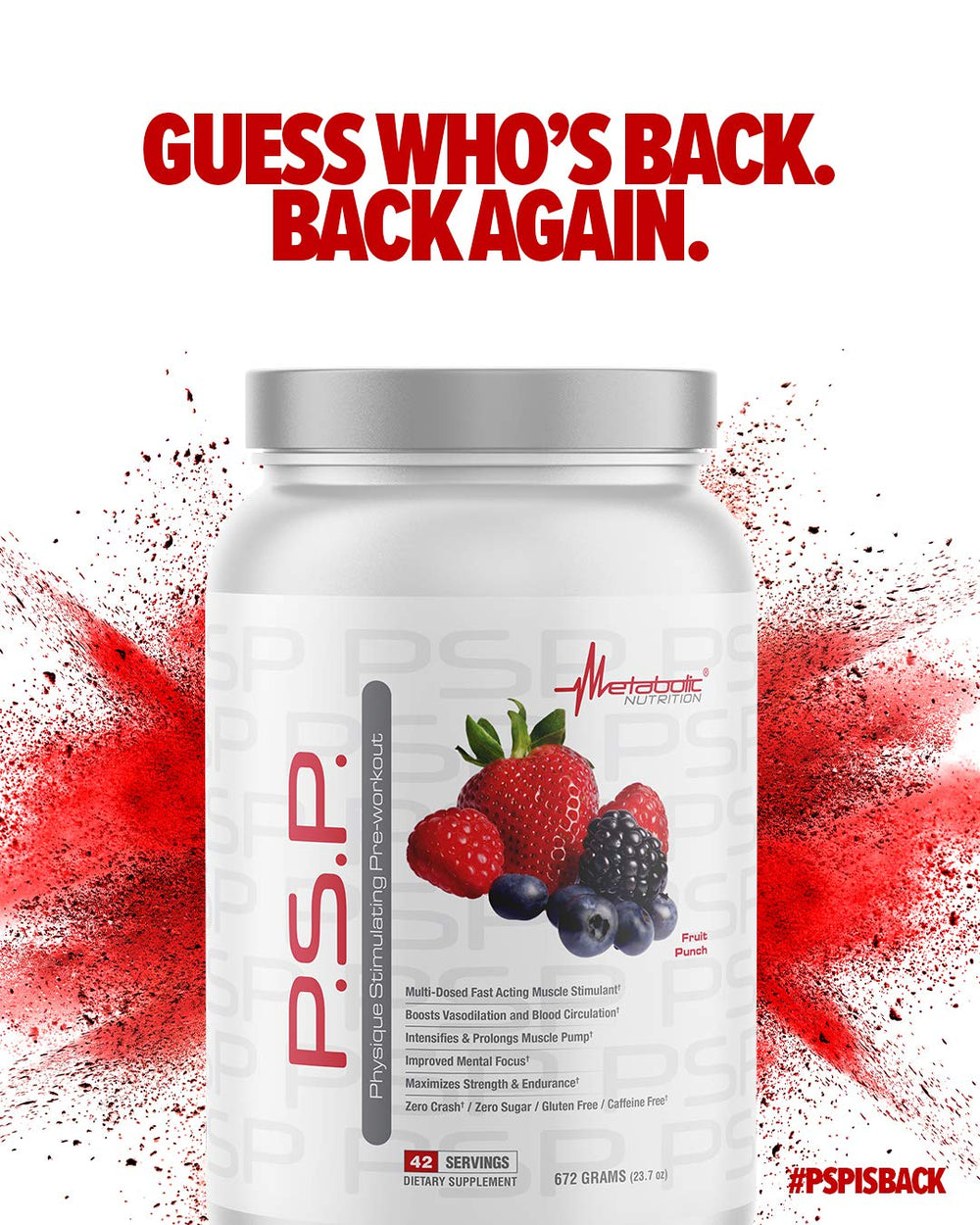 Metabolic Nutrition PSP preworkout label close-up showing zero sugar and serving details.