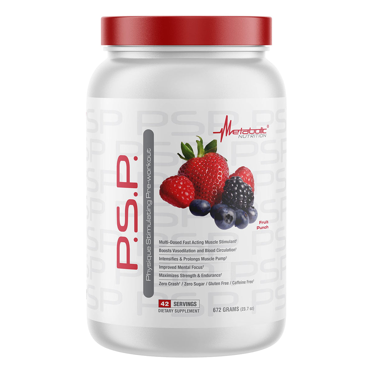 Metabolic Nutrition PSP preworkout tub with caffeine-free formula for steady training focus.