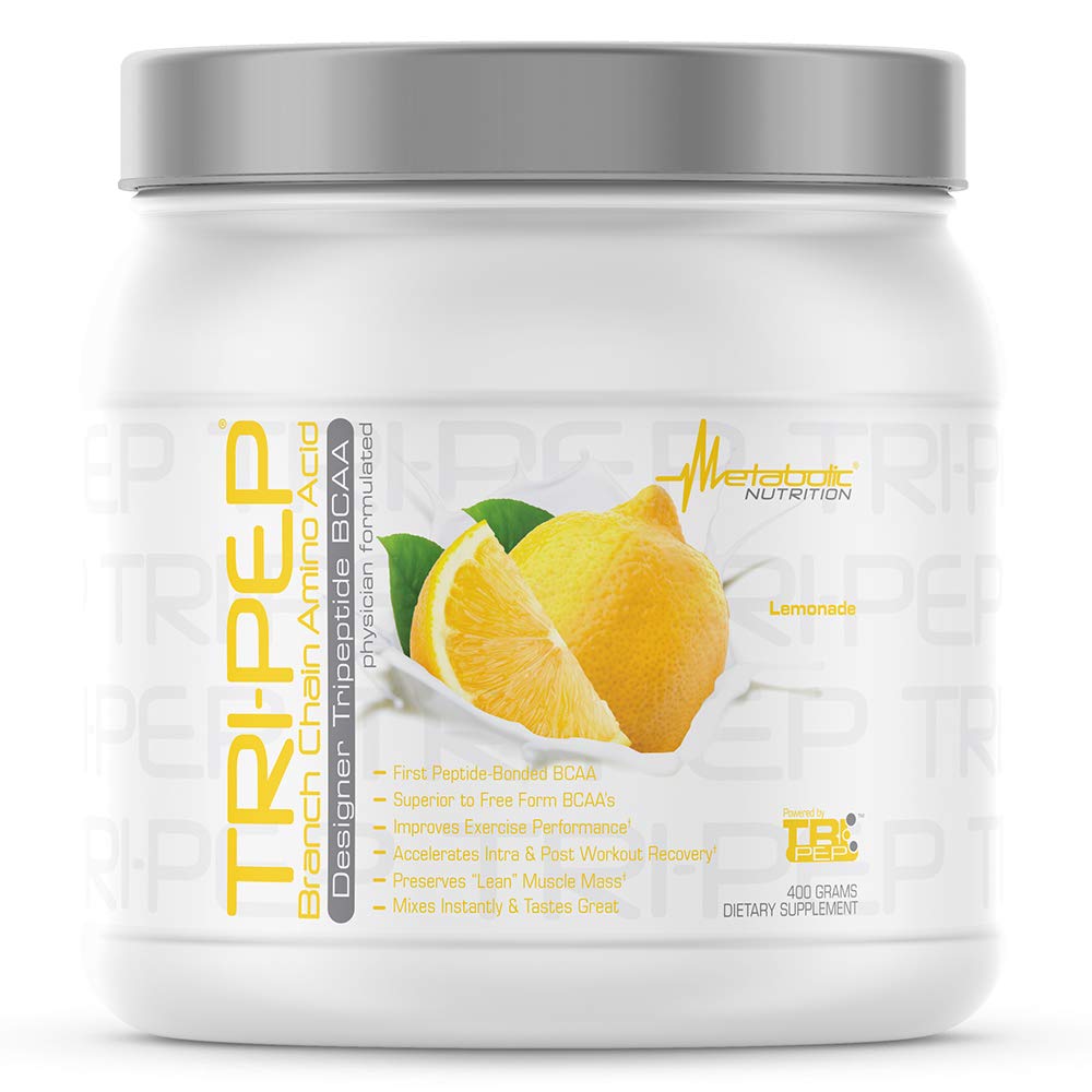 Metabolic Nutrition TRIPEP lemonade canister on shelf with clear label