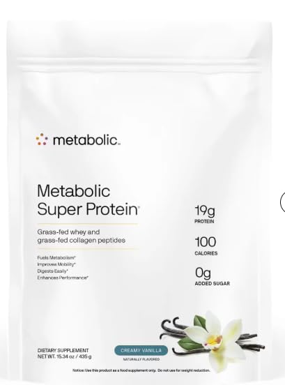 Metabolic Super Protein vanilla bottle with glass, ideal for a quick meal boost.