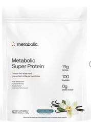 Metabolic Super Protein vanilla bottle with glass, ideal for a quick meal boost.