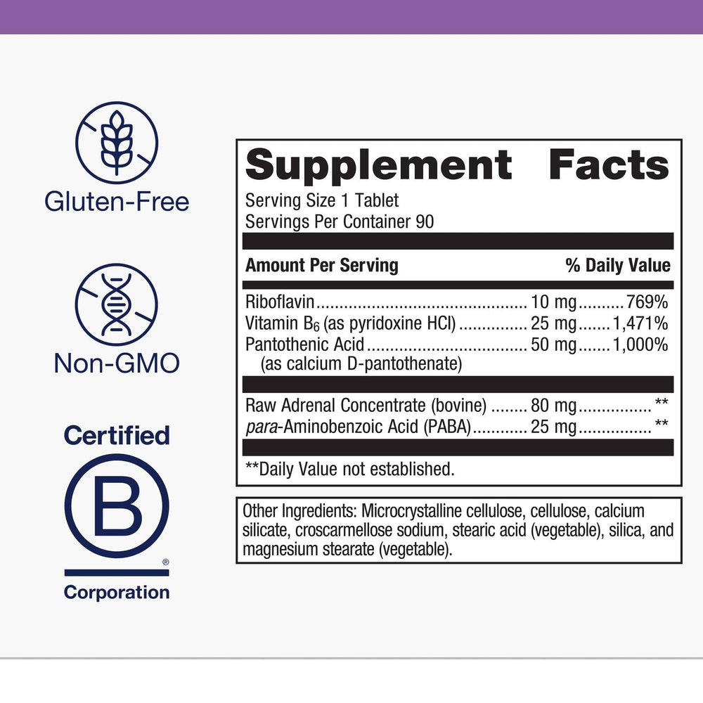 Metagenics Adrenogen ingredients panel highlights raw adrenal concentrate and B vitamins