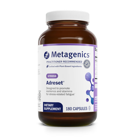 Metagenics Adreset bottle label close-up highlighting adaptogen blend for stress resilience.