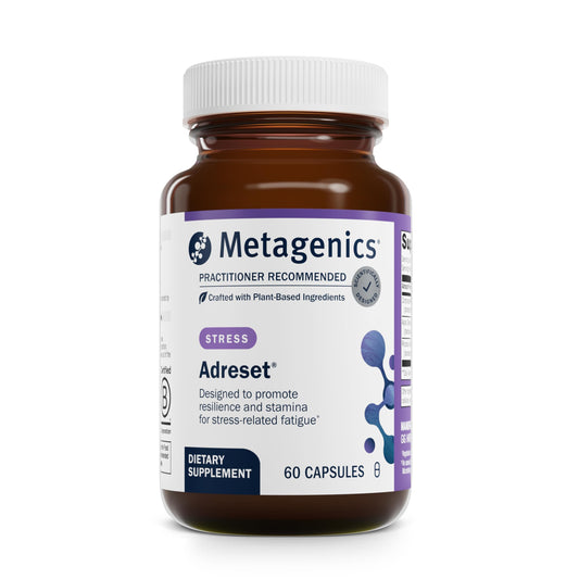 Metagenics Adreset bottle label close-up for stress resilience