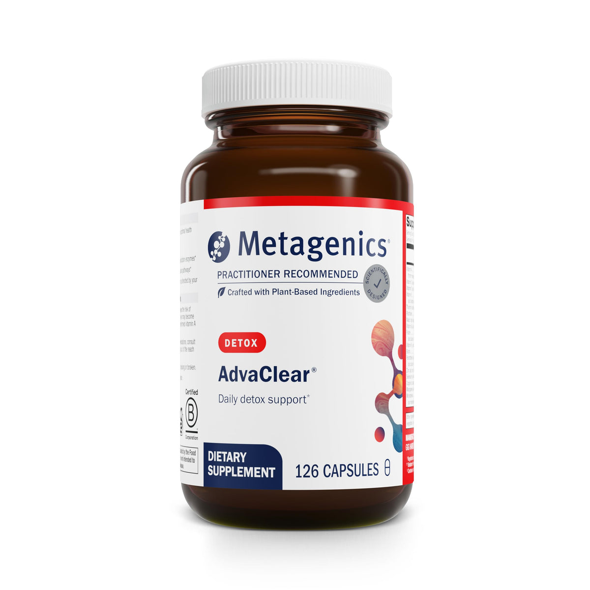 Metagenics AdvaClear bottle front showcasing daily detox support for liver and immune wellness.