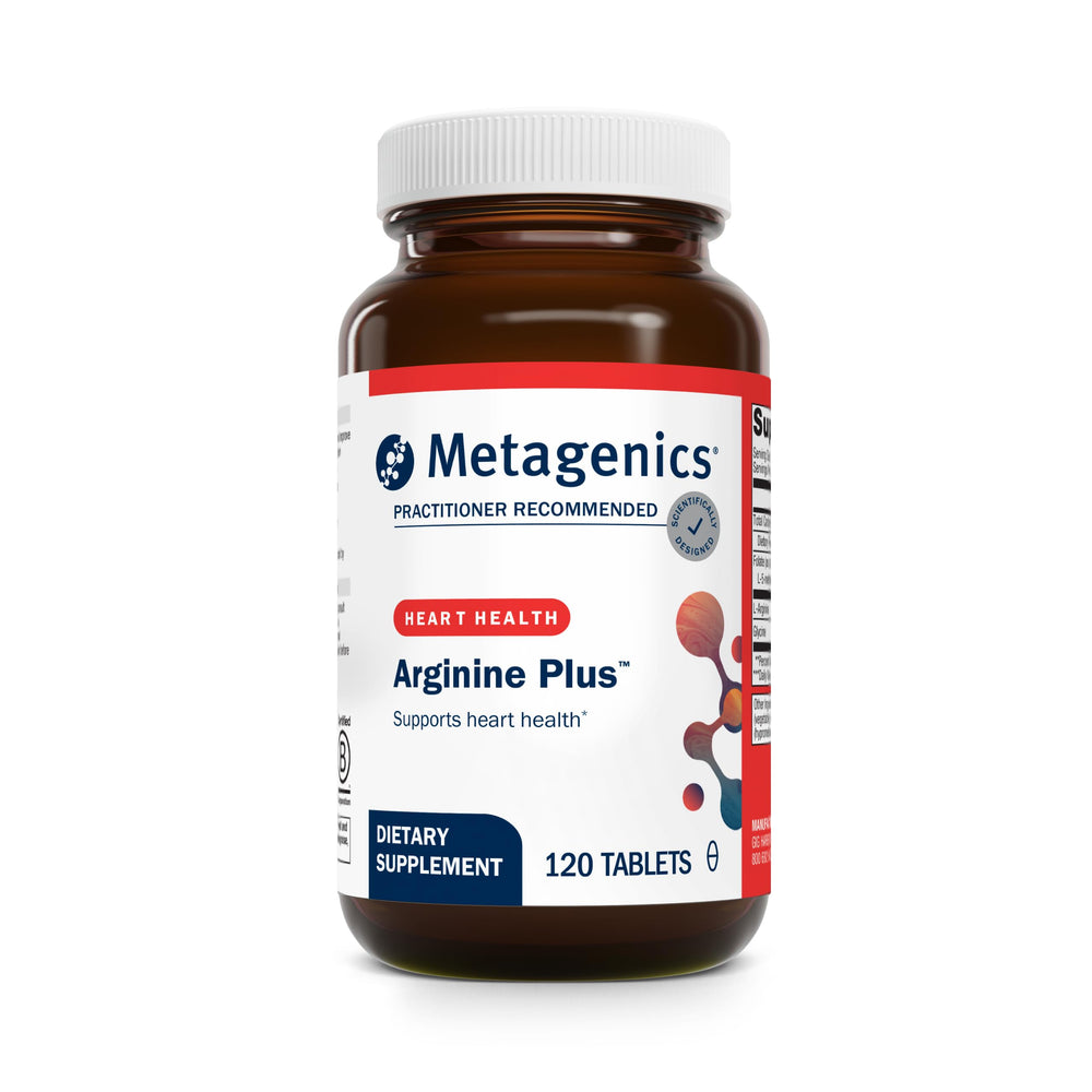 Metagenics Arginine Plus bottle label highlighting clean ingredients for heart health