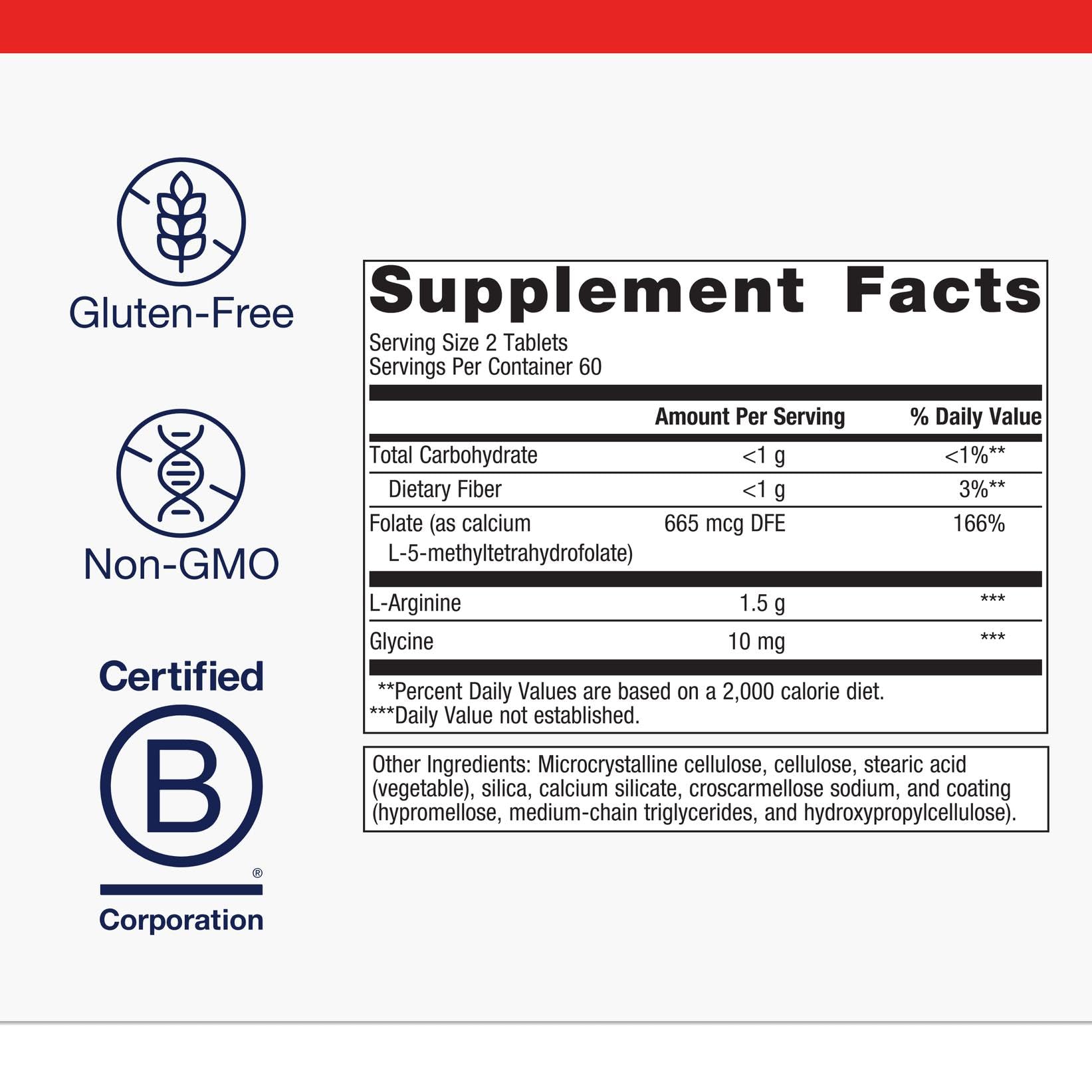 Metagenics Arginine Plus packaging highlights methylfolate (L-5-MTHF) benefits