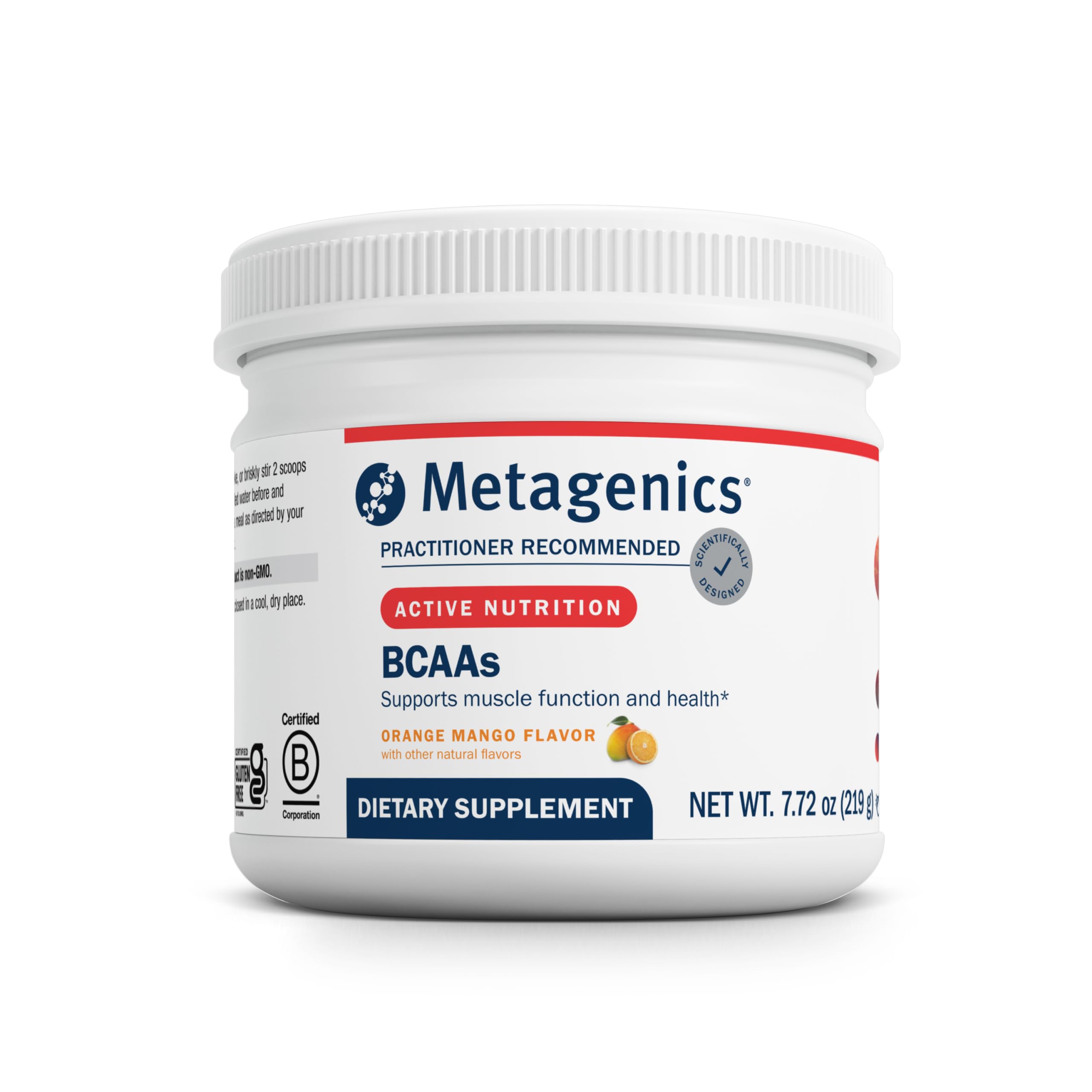 Metagenics BCAAs Orange Mango bottle for convenient post-workout recovery support