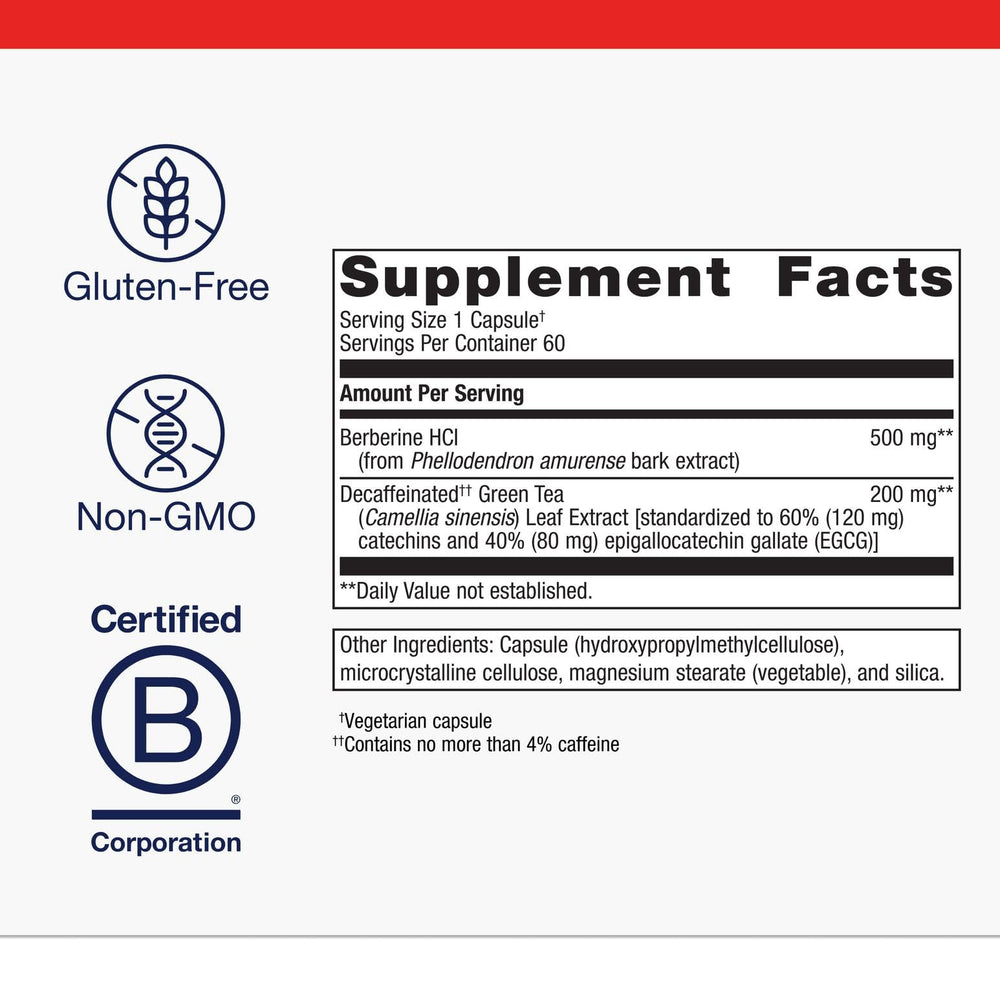 Close-up of non-GMO gluten-free label on Metagenics Berberine GT