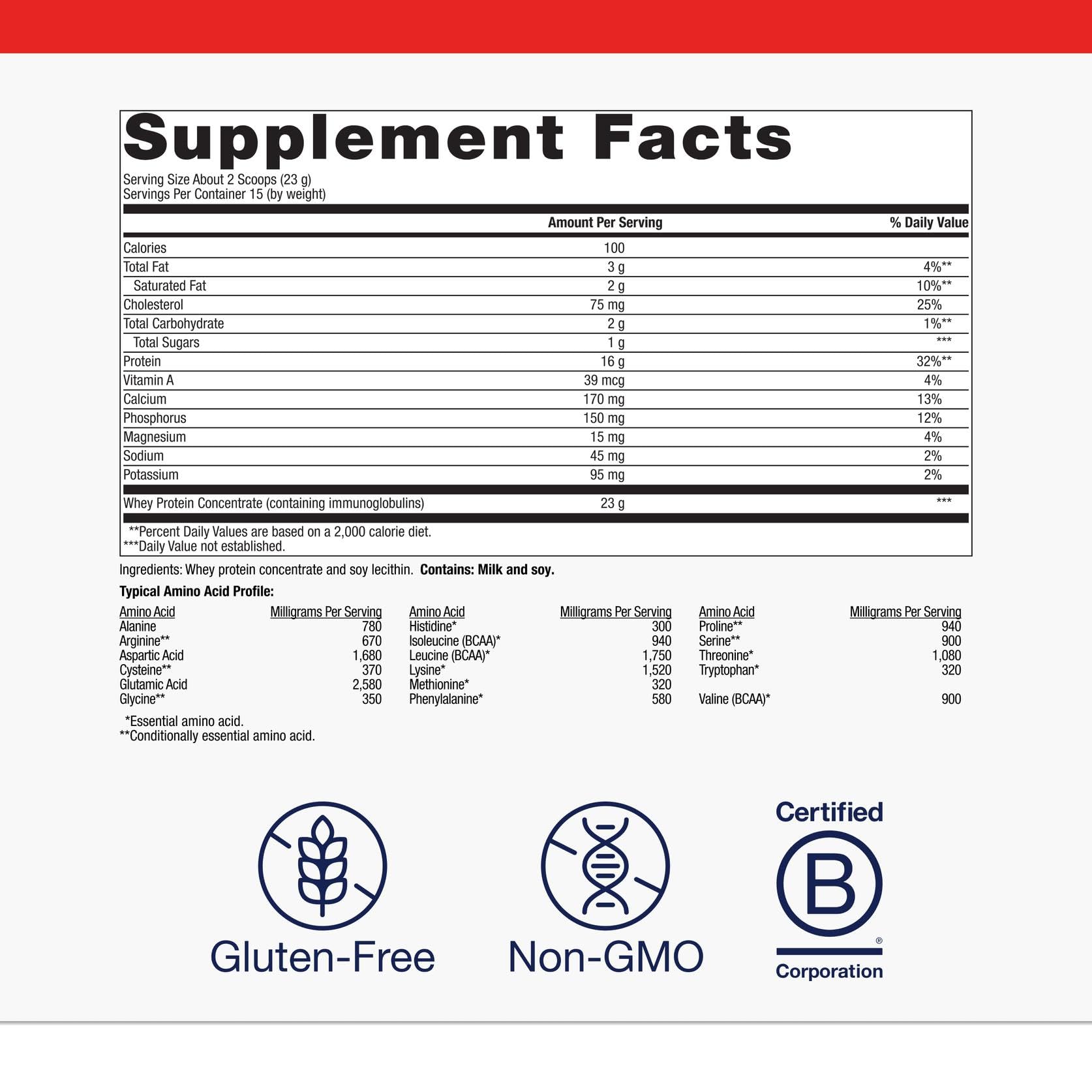 Metagenics BioPure Protein ingredients list highlights immunoglobulins and amino acids.