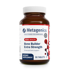 Metagenics Bone Builder Extra Strength bottle on counter promotes convenient bone support.