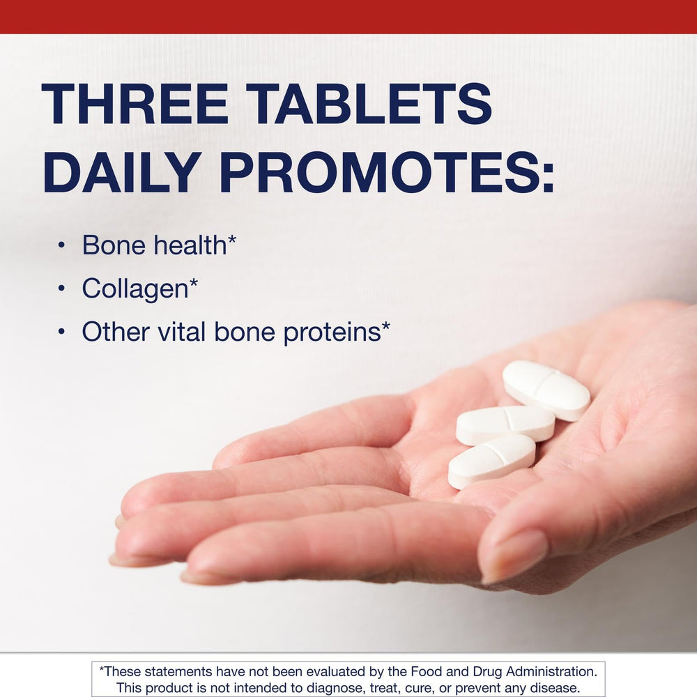 Close-up of Metagenics Bone Builder Extra Strength tablets highlighting calcium-rich formula for bone support.