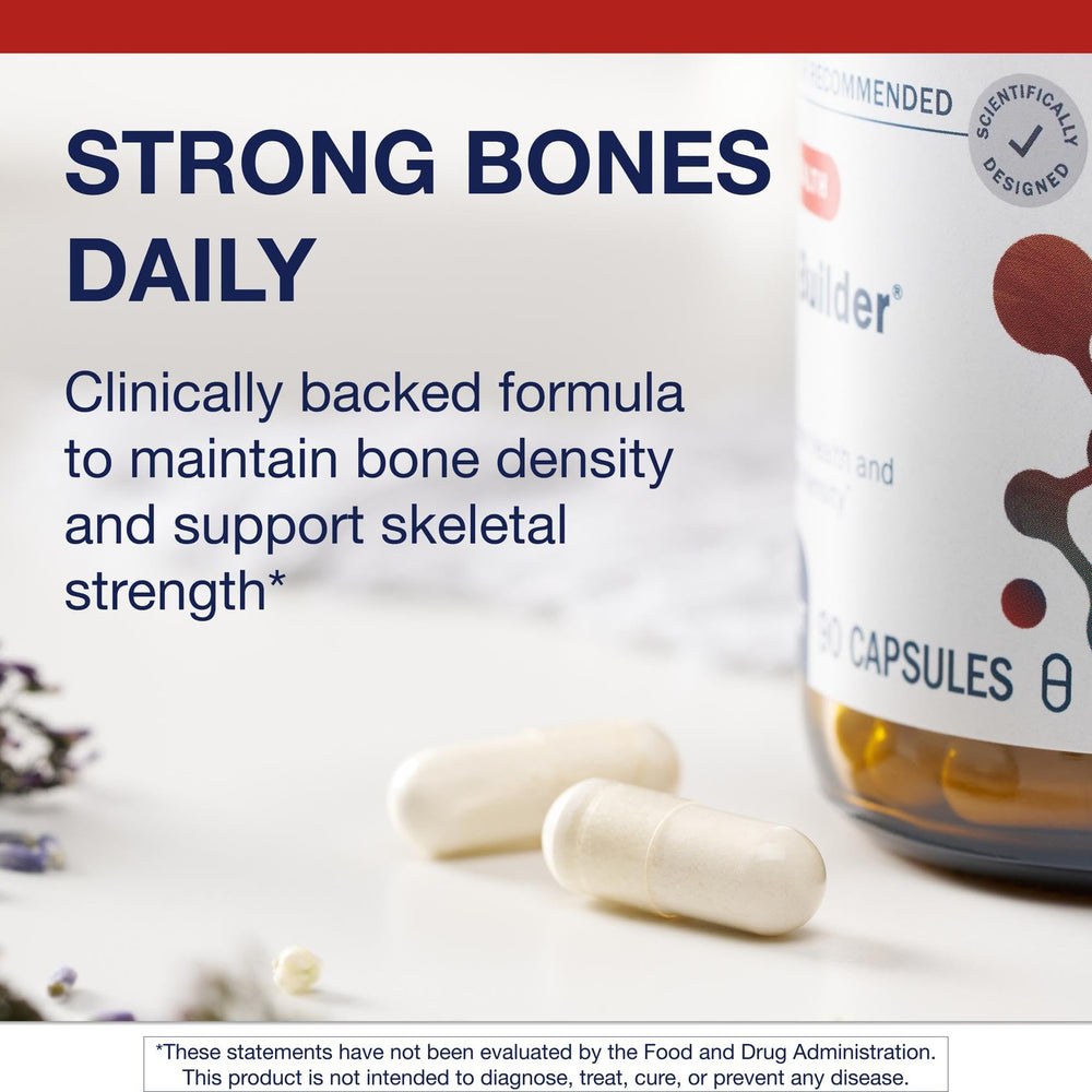 Metagenics Bone Builder Plus label details emphasizing 2000 IU vitamin D3 and mineral blend.