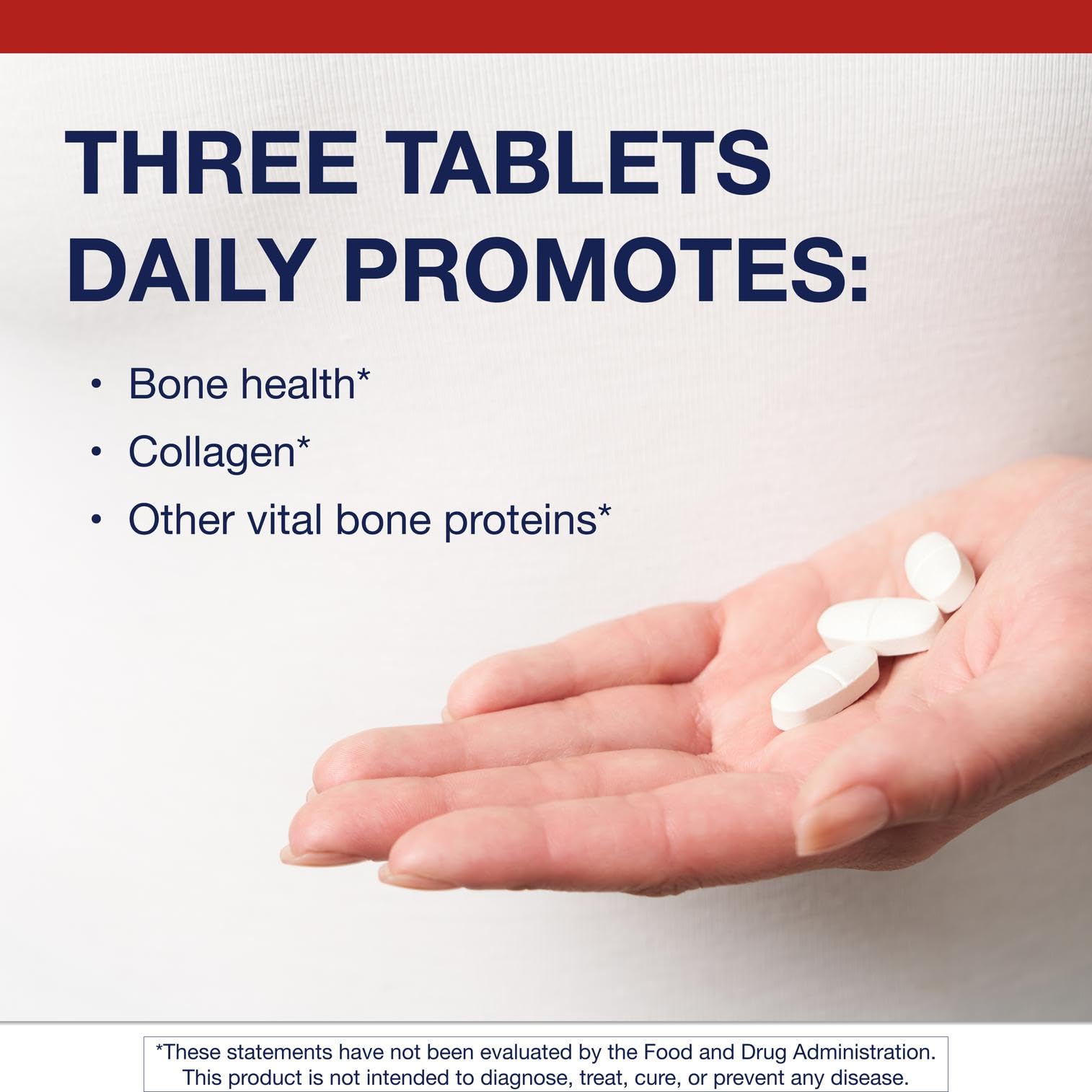 Close-up of Metagenics Bone Builder tablets emphasizing high calcium content