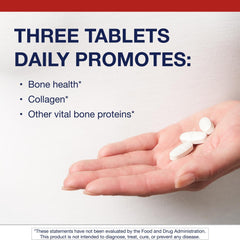 Close-up of Metagenics Bone Builder tablets emphasizing high calcium content
