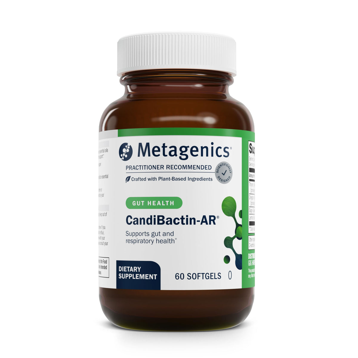 Metagenics Candibactin-AR bottle front label highlighting enteric-coated softgels for GI comfort