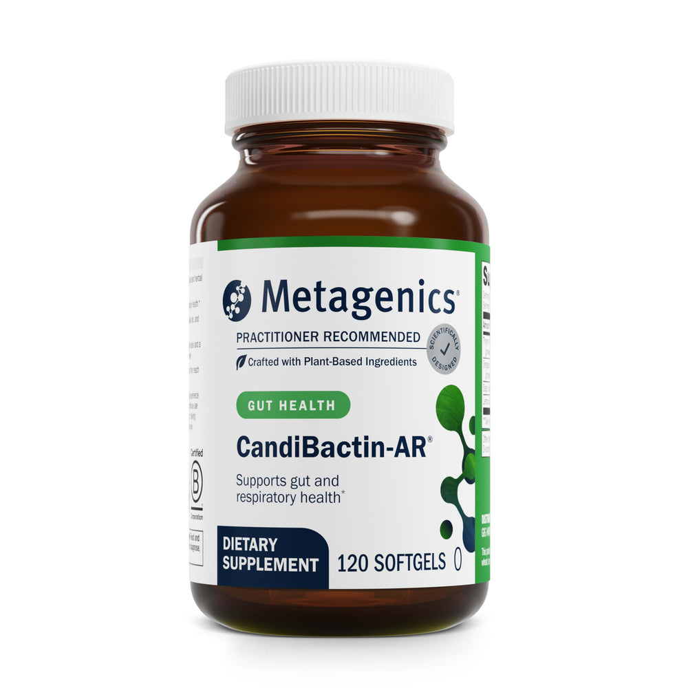 Metagenics CandiBactin-AR bottle with softgels for convenient gut support