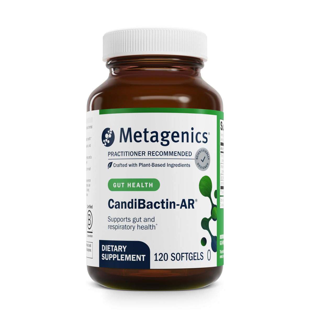 Metagenics CandiBactin-AR bottle with softgels for convenient gut support