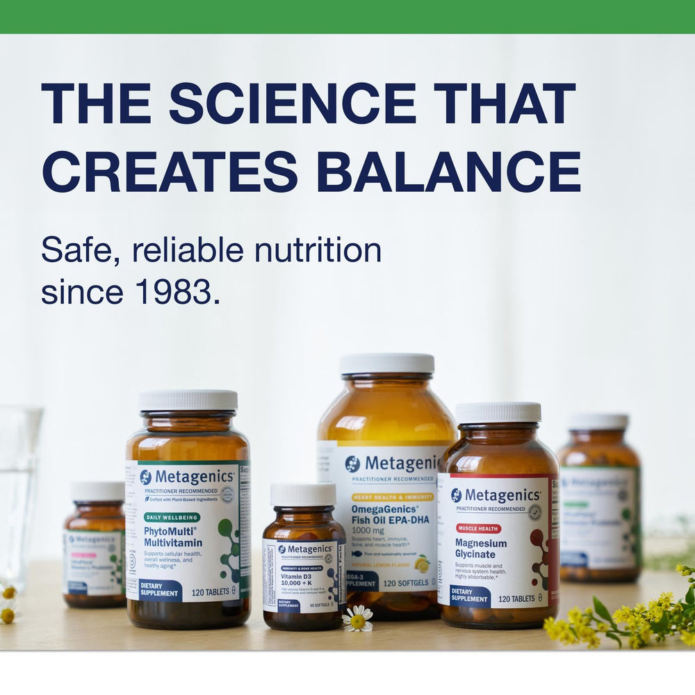Metagenics Candibactin-AR packaging illustrates holistic digestive wellness in daily routines