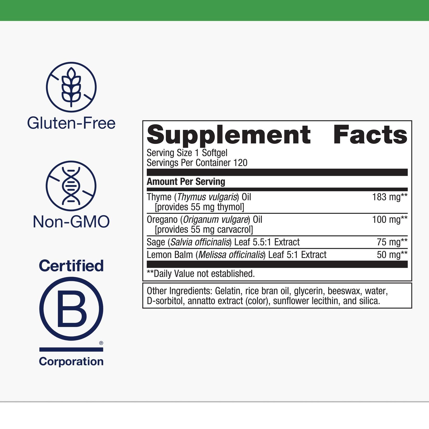 Metagenics CandiBactin-AR ingredients oregano thyme sage lemon balm emphasizing natural gut balance