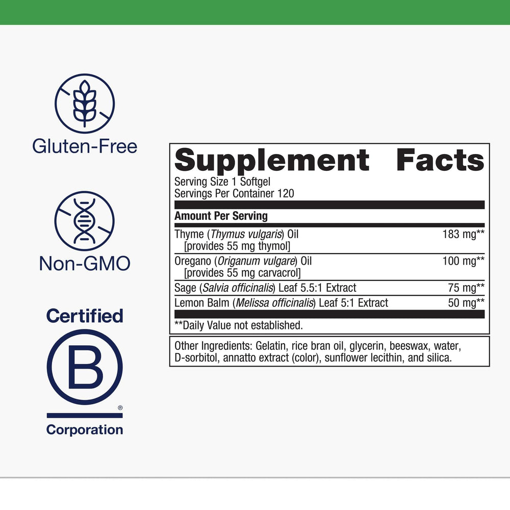 Metagenics CandiBactin-AR ingredients oregano thyme sage lemon balm emphasizing natural gut balance