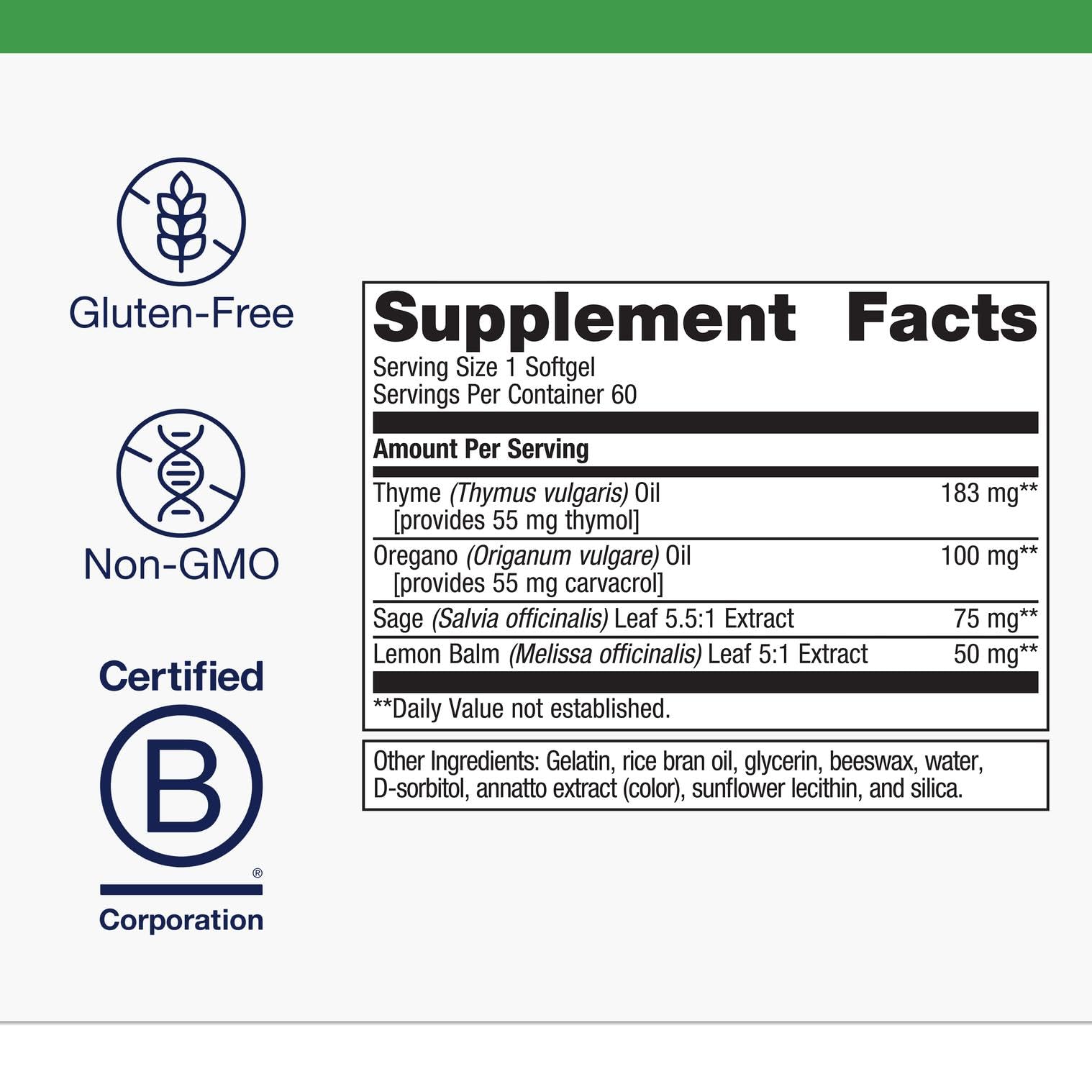 Metagenics Candibactin-AR ingredients label featuring sage and lemon balm for gut support