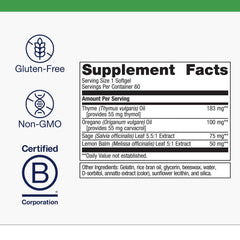 Metagenics Candibactin-AR ingredients label featuring sage and lemon balm for gut support