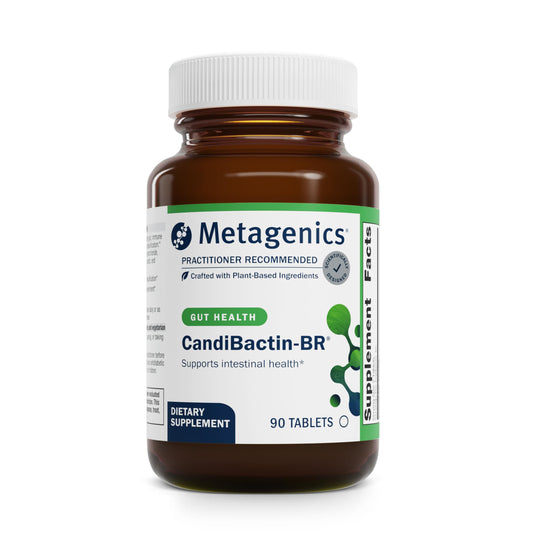 Metagenics CandiBactin-BR bottle front showing berberine blend for gut support
