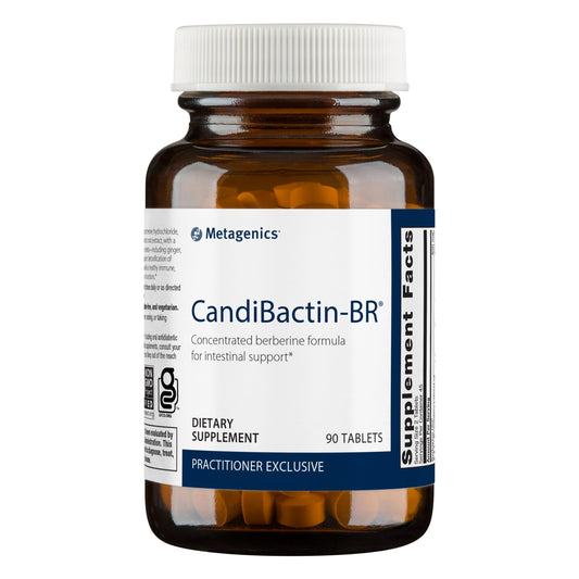 Metagenics Candibactin-BR bottle on white background suggesting digestive wellness