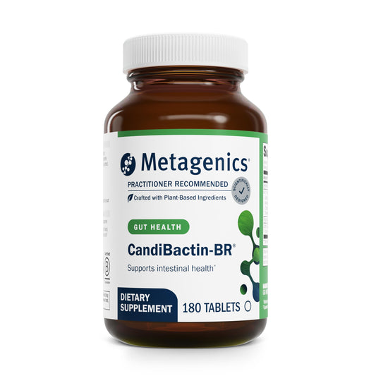 Metagenics Candibactin-BR bottle showcasing gut health support for daily balance