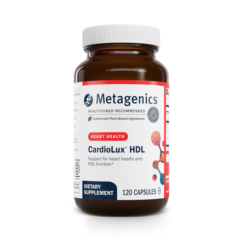 Metagenics CardioLux HDL bottle with label and dosing for heart health support.