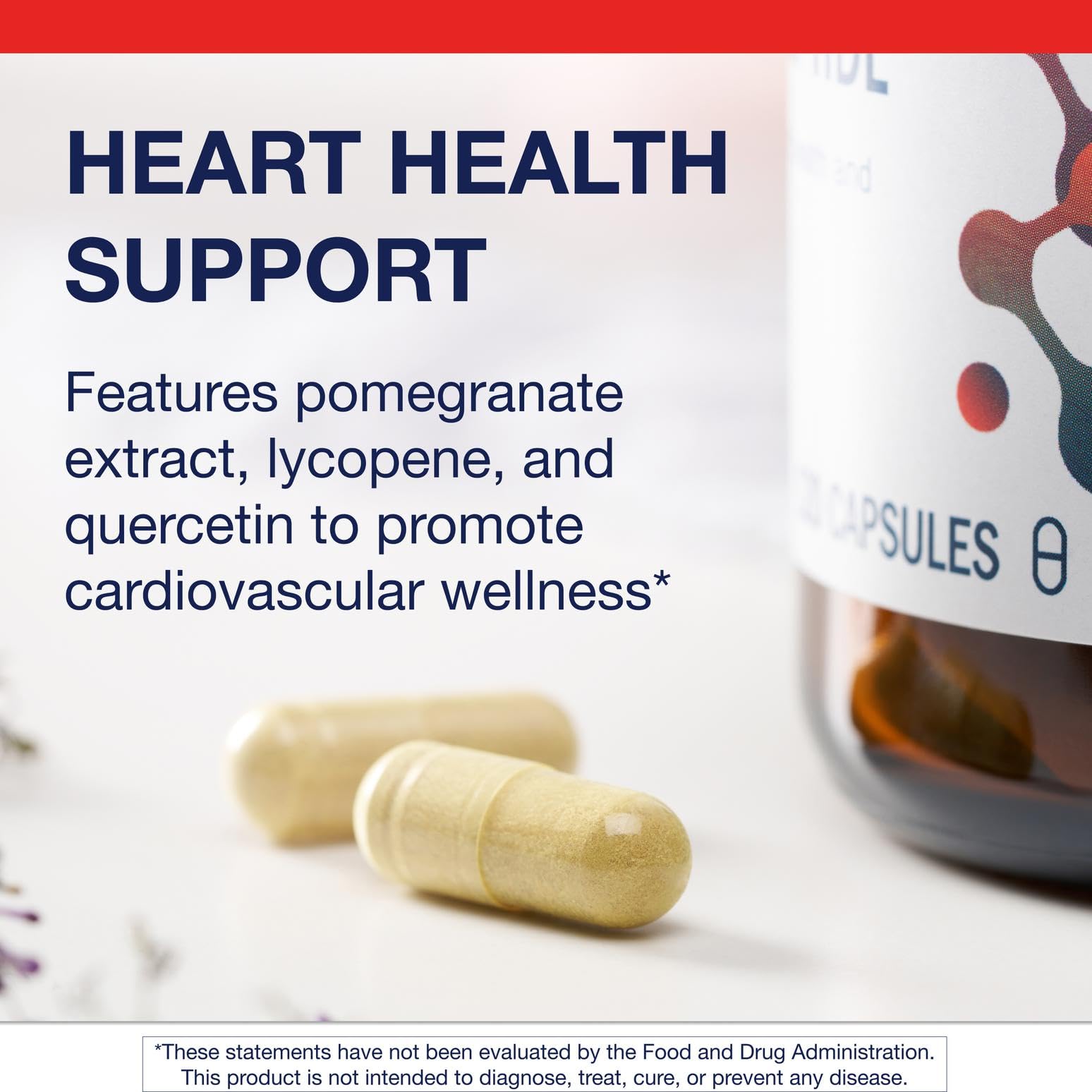 Metagenics CardioLux HDL label highlighting lycopene, pomegranate extract, and quercetin.