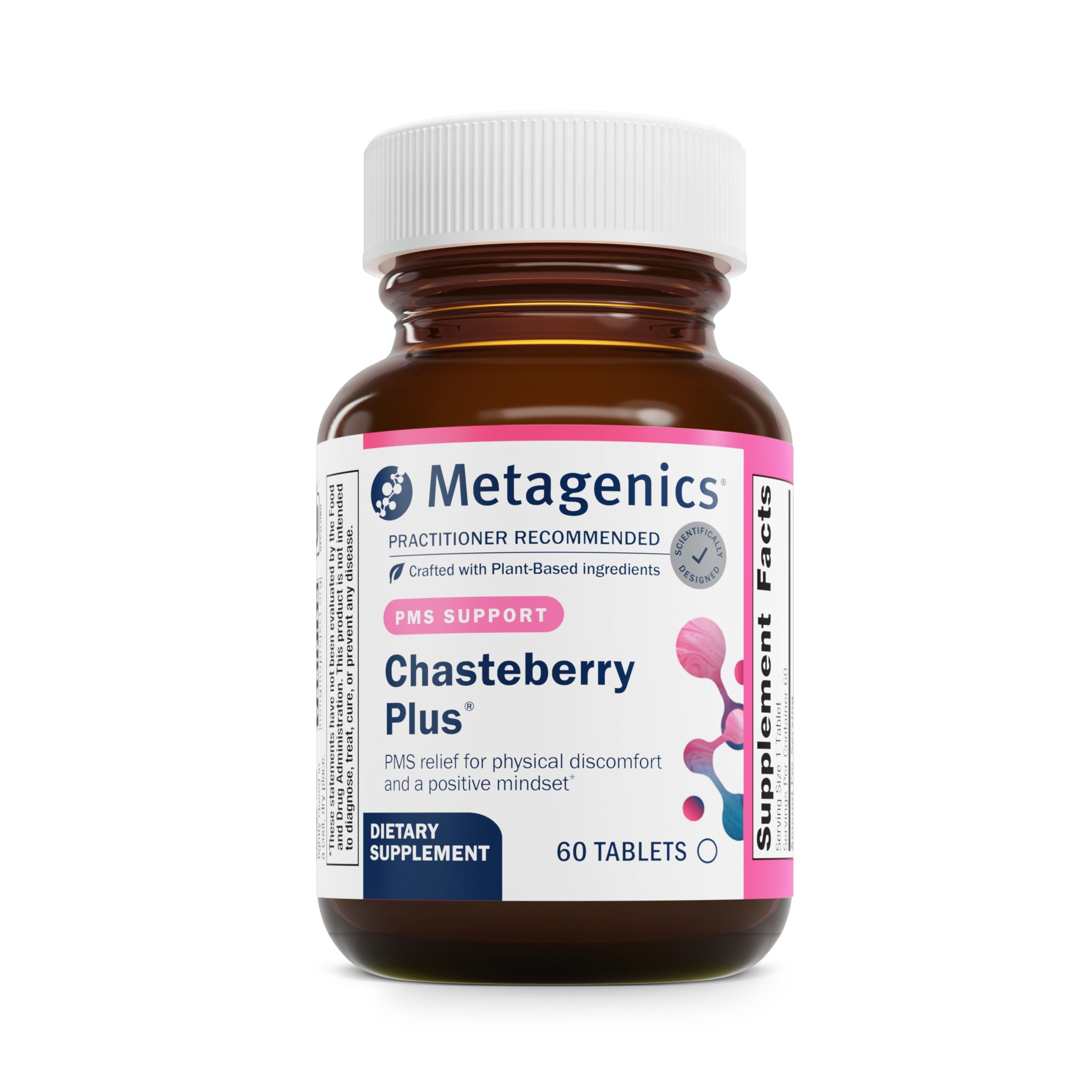 Metagenics Chasteberry Plus bottle on wood surface suggesting balance and routine.