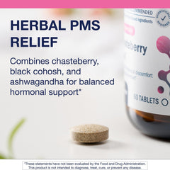 Label detail on Metagenics Chasteberry Plus bottle showing chasteberry and ashwagandha blend.