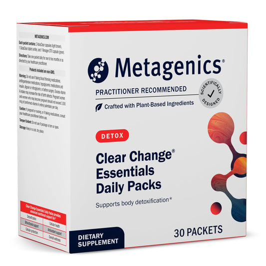 Metagenics Clear Change Daily Essentials bottle pour shows convenient daily detox and gut support.