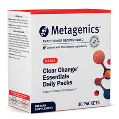 Metagenics Clear Change Daily Essentials bottle pour shows convenient daily detox and gut support.