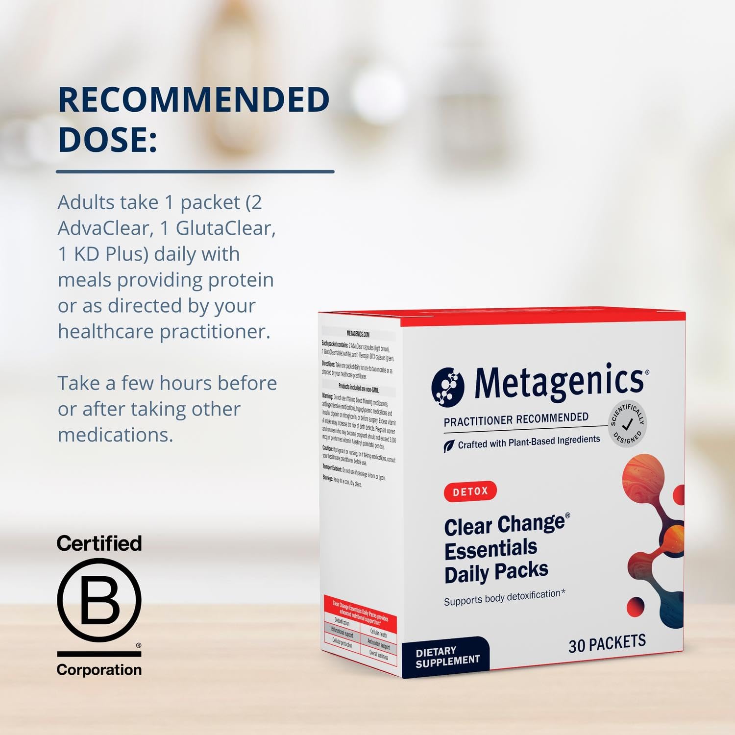 Metagenics Clear Change Daily Essentials packets front showcases convenient daily sachets for busy mornings.